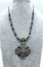925 Sterling Silver Jerusalem Cross Pendant w/Black Onyx  Hematite Bead Necklace picture