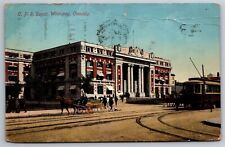 C P R Depot Station Trolley Horse Cart Bicycle Winnipeg Canada C1907 Postcard G3 picture