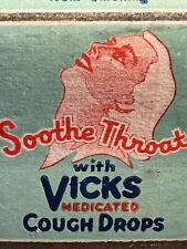 VINTAGE MATCHBOOK - RARE VICKS MEDICATED COUGH DROPS - SOOTH THROAT - UNSTRUCK picture