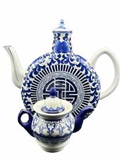 Vintage The Bombay Company Blue White Teapot with Lid & Small Bombay Teapot picture