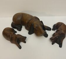 Large Carved Wooden Realistic Sleeping Mama Hound Dog And 2 Puppies, Brown/black picture