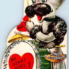 c1950s Cute Anthropomorphic Dog Drummer Valentine's Day Card Doubl Glo Band 1H picture