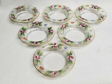 Set of 6 Antique Hand Painted Floral Enameled Rim Glass Bowls With Roses picture