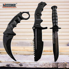 3PC COMBO SET Tactical Fixed Blade Knife Set Hawkbill Huntsman Boot Knife Black picture