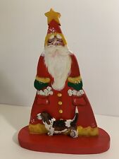 Limited Edition Wooden Hand Painted Folk Art Santa Claus With Basset Hound 11