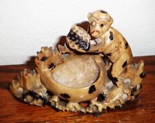 Vintage Asian Soapstone Brushpot Inkwell with Monkey 4 1/2 inches Long picture
