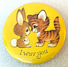 Vintage  Bunny & Tiger Cat Kitten I WUV YOU Hallmark Button Pin 70S Pinback RARE picture