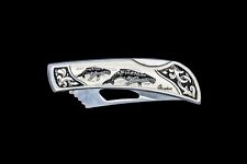Etched Scrimshaw Humpback Whale Stainless Steel Silver Hawk Pocket Knife picture
