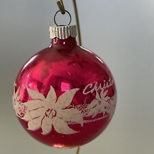 Vintage Shiny Brite RED Stenciled MERRY CHRISTMAS POINSETTIA Glass Ornament picture