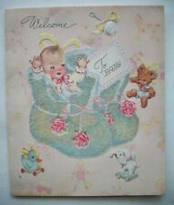 Baby in flocked booties embossed vintage Baby greeting card *H3 picture