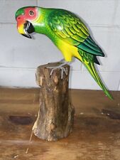PARROT ON DRIFTWOOD BASE  HAND CARVED WOOD TROPICAL SCULPTURE BIRD DECOR TIKI picture