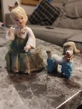 Vtg Little Girl In Lace dress W/Blue Poodle On A Leash picture