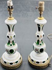 Antique Bohemian Floral Enameled White To Emerald Green Overlay Glass Lamps (2) picture
