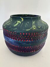 Vintage Clay Pottery Fat Lava Vase Etched Nature Blue Red Green Yellow Signed picture