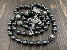 Hematite Rosary Black Stone Beads Necklace Metal Beaded Miraculous Medal & Cross picture