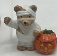 Vintage Mummy Bear Pumpkin Ceramic Candle Holders Halloween 3” RARE Hard to Find picture