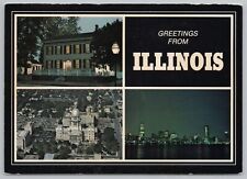 State View~Lincolns Home IL Capitol & Chicago Skyline~Continental Postcard picture