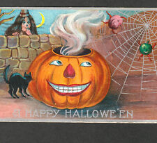 SCARCE - 1910 A Happy Halloween Witch APM 303 Goblin JOL Pumpkin Spider PostCard picture
