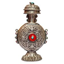 Tibetan Chinese Amber Bottle Silver Vintage Flower Snuff Stone Setting Handwork picture