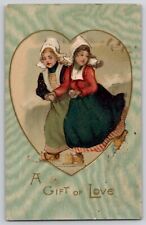 Valentine's Day Dutch Girls Ice Skating Heart Rotograph 1908 Postcard Gift Love picture