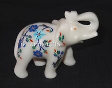 4 Inches Marble Elephant Statue Semi Precious Stone Inlay Work Up Trunk Elephant picture