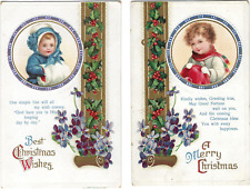 Lot-2 Christmas Clapsaddle Girl and Boy Insets Same Gilded Scroll Holly A/S Emb picture