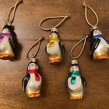 Penguin Christmas Ornaments w Scarves Glass Glitter Birds 2” Set of 5 VTG A22 picture