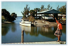 c1950s On The Gulf of Mexico, Woman Raising Hand, Boat, Englewood FL Postcard picture