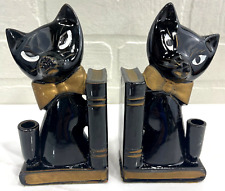 Vintage Black Cat Bookend Set Redware 50’s Japan - Kitschy Kitty-Dark Academia picture