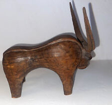 Rare Mid Century Modern Bull Sculpture Wood Hand Carved Metal Horns picture