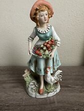 Vintage HOMCO #8881 Figurine – Farm Girl - Basket of Fruit & Rooster 8