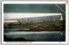 Maine ME - View Of Two Lights By Night Cape Elizabeth - Vintage Postcard picture