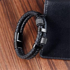 Men's Genuine Leather Braided Bracelet Stainless Steel Magnetic Buckle Bangle picture