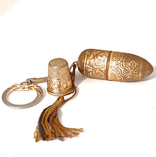 Vintage Sewing Keychain Austria Bullet Tube Thimble Thread Pins Gold Tone picture