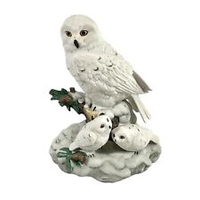 Vintage Snowy White Owl W/Baby Owls Perching 6.5”H Decor Porcelain Statue picture