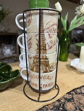4 8oz Pier 1 Imports Stacking Coffee Tea Mug Cup Set Eiffel Tower Paris + Rack picture