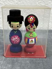 CARVED WOOD KOREAN WEDDING DOLLS HAND PAINTED WOODEN 3.25” TALL picture