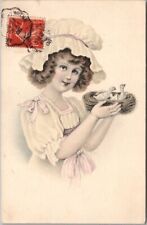 1908 European Holiday Greetings Postcard Pretty Girl w/ Baby Birds in Nest picture