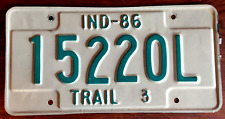 Indiana 1986 Green White Metal Expire License Plate Tag 15220L Trail 3 Trailer picture
