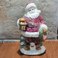 Vintage Ceramic Santa Claus Holding Wreath and Lantern Glittered Christmas picture