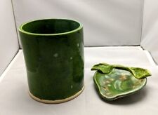Handcrafted Pottery Utensil Canister and Spoon Rest Green Artisan Signed  picture
