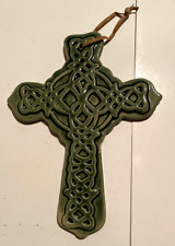 Vintage Retro Gaelic Scottish Irish Celtic Glazed Ceramic Cross Green Plaque picture