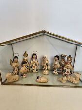 Mexico Clay Pottery 12 pc Nativity Set Folk Art White & Gold HAS BLEMISHES/crack picture