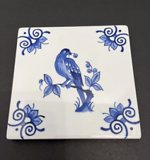 Vintage 1983 Royal Delft Blue Tile Trivet Flower Bird Square Hand Painted Signed picture