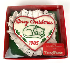 Vintage Fancy Feast 1985 Cat Christmas Ornament White Satin Embroidered Dated  picture