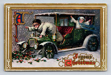 TUCK's Girls White Fur Coats Joyride in Old Car Joyous Christmas Postcard picture