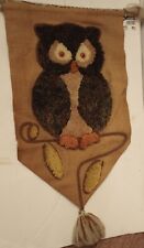 70's Vintage Owl wall hanging on burlap mid century - latch hook rug style 38