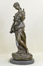 Signed Art Deco Young Woman with a Long Stem of Fruit Bronze Marble Statue Gift picture