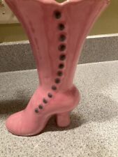 Large Pink Ceramic Vintage Ladies Boot Vase Planter 8½” Tall Scalloped Edge picture