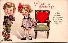 Valentine's Day Postcard Young Girl Offering Boy a Seat in a Chair picture